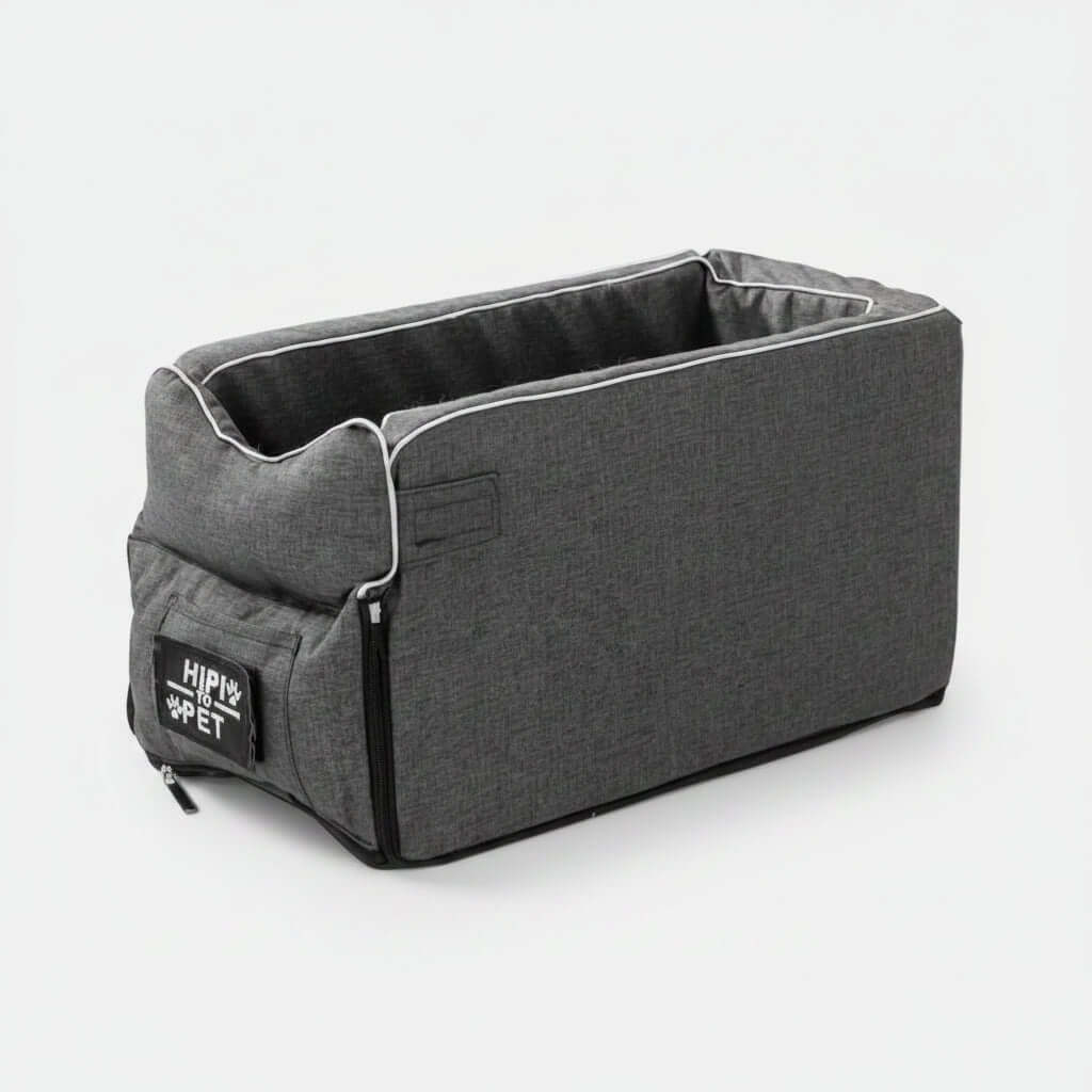 Gray pet car organizer with a visible brand logo on a white background