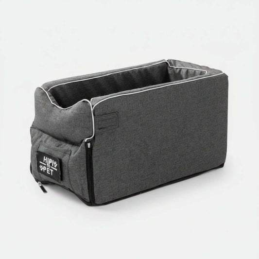 Gray pet car organizer with a visible brand logo on a white background