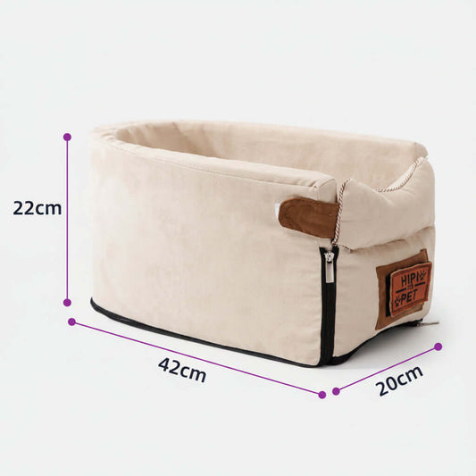 Beige pet bed with dimensions labeled on a white background