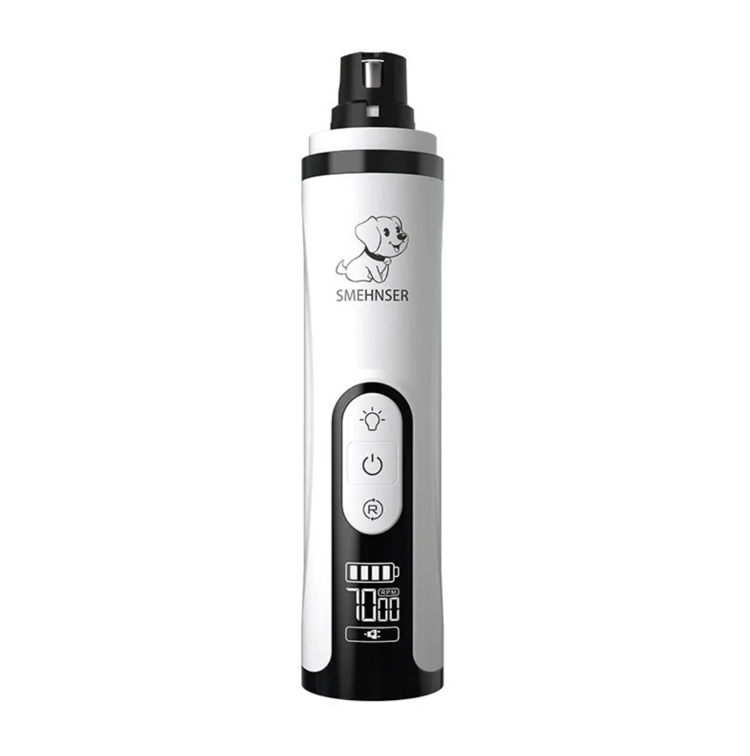 A pet nail grinder with a white and black body, featuring a dog illustration and the brand name 'SMEHNSER' on the front, set against a plain white background.